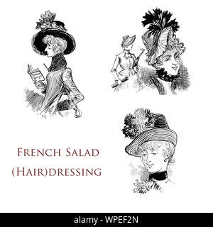 Humor und Karikaturen - Französischer Salat Friseursalons: modische Mützen, Damen mit Gemüse Dekorationen auf ihre Köpfe Stockfoto