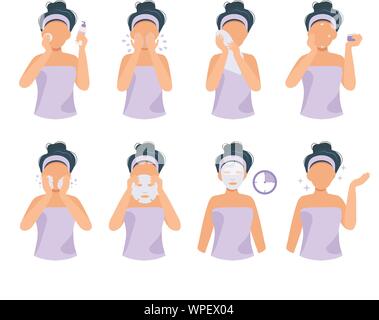 Skin Care Routine. Abbildung mit Mädchen, verschiedene Schritte, Hautpflege und Schönheit Programm. Cute Vector Illustration im flachen Stil. Stock Vektor