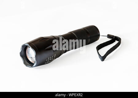 High Power Taschenlampe schwarz auf weißem Hintergrund Stockfoto