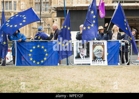 London, Großbritannien. September 2019. Im September 2019 versammelten sich Unterstützer der Europäischen Union im College Green, Westminster, London, um gegen den Brexit zu protestieren. Demonstranten schwenken EU-Flaggen und Plakate zur Unterstützung der weiteren Mitgliedschaft des Vereinigten Königreichs in der EU. Penelope Barritt/Alamy Live News Stockfoto