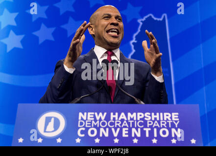 Manchester, New Hampshire, USA. 07 Sep, 2019. Demokratische Präsidentschaftskandidat Cory Booker spricht an der New Hampshire State Demokratischen Konvent. Credit: Brian Cahn/ZUMA Draht/Alamy leben Nachrichten Stockfoto