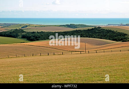 Blick über die Felder und Hügel mit Blick auf das Meer und den Hafen von laboe im Sommer von South Downs Way in East Sussex, England UK KATHY DEWITT Stockfoto