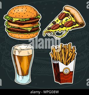 Junk Fast food, Burger und Pizza, Bier und Pommes frites auf schwarzem Hintergrund. Vintage Skizze für Menü im Restaurant. Hand Aufkleber im Retro Stil gezeichnet. Stock Vektor