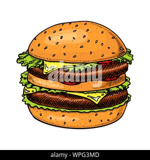 Big Burger im Vintage Style. Fast food Illustration für Banner oder Poster. Hand gezeichnet Sandwich mit Gemüse und ein Brötchen. Stock Vektor
