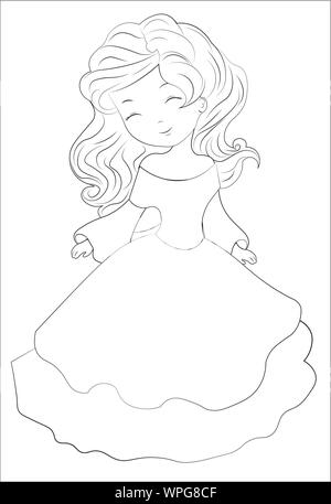 Schöne, charmante kleine Prinzessin, mit langen Haaren und in einem Ball Kleid, Buch Färbung Stock Vektor