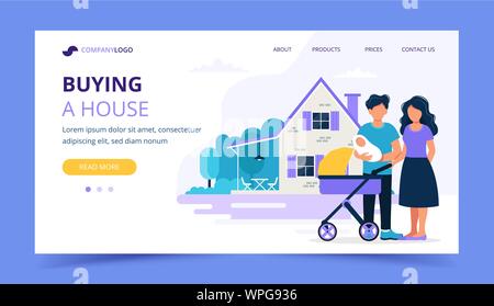 Glückliche Familie mit Haus. Landing Page Template für Hypothek, ein Haus kaufen, Immobilien Konzept. Vector Illustration im flachen Stil Stock Vektor