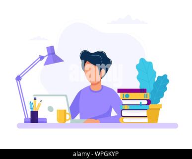 Mann mit Laptop, Bildung oder Arbeit Konzept. Tabelle mit Büchern, Lampe, Kaffee Tasse. Vector Illustration im flachen Stil Stock Vektor