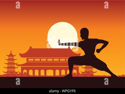 Chinese Boxing Kung Fu Kampfkunst berühmt Sport, Mönch der Bahn zu kämpfen, um mit den chinesischen Tempel, Sonnenuntergang silhouette Design Stock Vektor