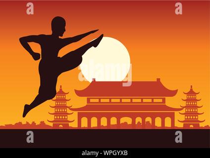 Chinese Boxing Kung Fu Kampfkunst berühmt Sport, Mönch der Bahn zu kämpfen, um mit den chinesischen Tempel, Sonnenuntergang silhouette Design Stock Vektor