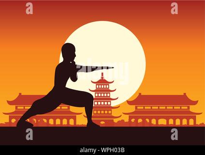 Chinese Boxing Kung Fu Kampfkunst berühmt Sport, Mönch der Bahn zu kämpfen, um mit den chinesischen Tempel, Sonnenuntergang silhouette Design Stock Vektor