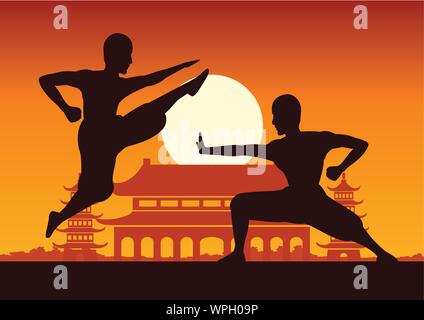 Chinese Boxing Kung Fu Kampfkunst berühmt Sport, zwei Boxer kämpfen miteinander um mit chinesischen Tempel, Sonnenuntergang silhouette Design Stock Vektor