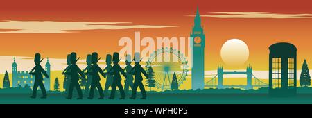 Englischer Soldat, rote Telefonzelle, Big Ben und berühmten Land Mark von England auf Sonnenuntergang, silhouette Design, Vektor, Abbildung Stock Vektor