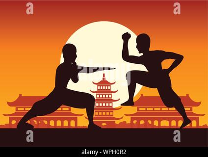 Chinese Boxing Kung Fu Kampfkunst berühmt Sport, zwei Boxer kämpfen miteinander um mit chinesischen Tempel, Sonnenuntergang silhouette Design Stock Vektor