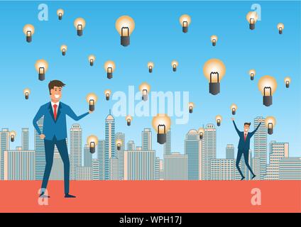 Unternehmer froh mit Idee Regen bedeutet voller Idee, Kreative und wissen, Konzept flachbild Cartoon, Vektor, Abbildung Stock Vektor