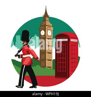 Englischer Soldat, rote Telefonzelle und Big Ben, Wahrzeichen und Symbol für England, für Tuch und Web Design, Nationalflagge Farbe, Vektor, Abbildung Stock Vektor