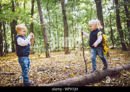 Kinder im Vorschulalter kaukasischen Bruder und Schwester Bilder von einander auf Handy Kamera in Forest Park Herbst. Thema der Hobby- und Aktiv Stockfoto
