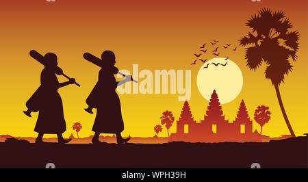 Mönch aus Tempel Wallfahrt Verdienst über Angkor Wat in Kambodscha zu machen. Für den Frieden still und Dharma im Sonnenuntergang Szene Silhouette Style, Vektor il Stock Vektor