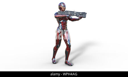 Futuristische android Soldat Frau in bulletproof Rüstung, Militär Cyborg Girl bewaffnet mit sci-fi Gewehr Pistole stehen und Schießen auf weißem Hintergrund, 3D Stockfoto