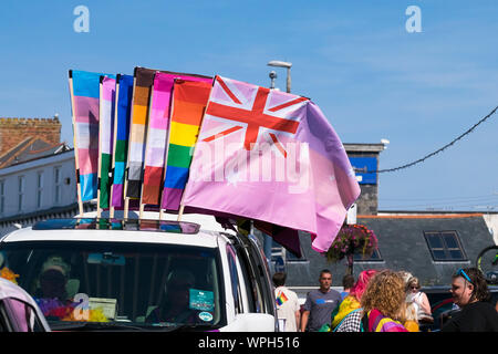 Eine Auswahl an bunten Fahnen über Schwule Themen in der Cornwall Pride Parade in Newquay in Cornwall verwendet. Stockfoto