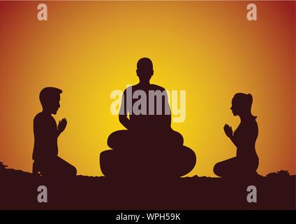 Buddhistische Frau und Mann respektieren höflich, mit dem Glauben zu Mönch und glauben, Silhouette Style Vector Illustration Stock Vektor