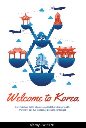Korea Wahrzeichen Silhouette Style auf float Insel Silhouette Wahrzeichen Stil, National Flagge blaue und rote Farbe, Vektor, Abbildung Stock Vektor