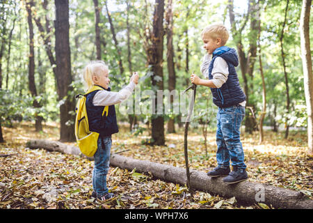 Kinder im Vorschulalter kaukasischen Bruder und Schwester Bilder von einander auf Handy Kamera in Forest Park Herbst. Thema der Hobby- und Aktiv Stockfoto