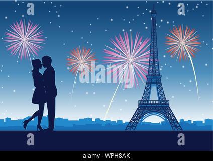 Paar Hug zusammen um mit Wolkenkratzer in der Nähe von Eiffelturm in Paris feier Nacht, silhouette Stil, Vektor, Abbildung Stock Vektor