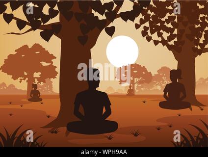 Buddhistische Frauen und Männer zahlen Zug Meditation zur Ruhe kommen und aus der unter dem Baum leiden, Silhouette Style Vector Illustration Stock Vektor