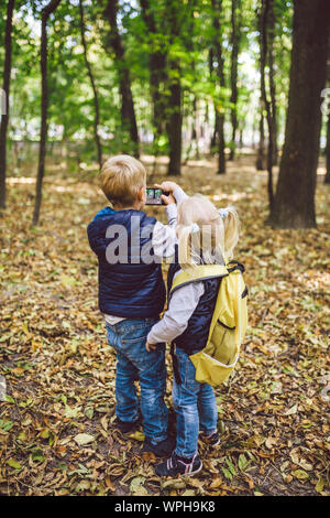 Kinder im Vorschulalter kaukasischen Bruder und Schwester Bilder von einander auf Handy Kamera in Forest Park Herbst. Thema der Hobby- und Aktiv Stockfoto
