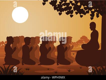 Buddhistische Frauen und Männer Respekt höflich, mit dem Glauben zu Mönch und glauben, Silhouette Style Vector Illustration Stock Vektor