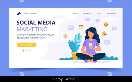 Frau mit einem Smartphone und verschiedene soziale Symbole, social media marketing Landing Page Template. Vector Illustration im flachen Stil Stock Vektor