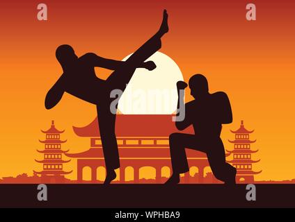 Chinese Boxing Kung Fu Kampfkunst berühmt Sport, zwei Boxer kämpfen miteinander um mit chinesischen Tempel, Sonnenuntergang silhouette Design Stock Vektor