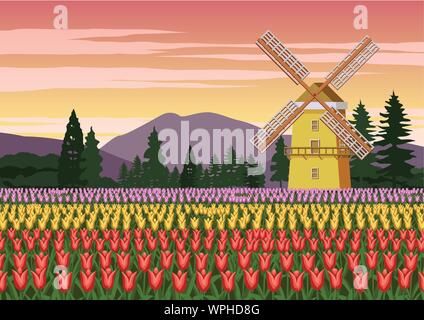 Tulip garden, Holland und Wind Mill um mit schöner Natur, vintage Farbe, Vektor, Abbildung Stock Vektor