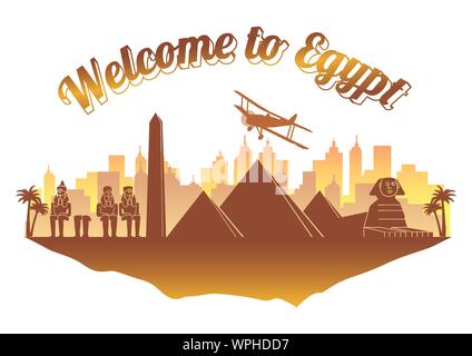 Ägypten Wahrzeichen Silhouette Style auf Float orange und braun Insel Land name Text, Reise und Tourismus, Vektor, Abbildung Stock Vektor