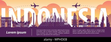 Indonesien Wahrzeichen silhouette Stil, Text innerhalb, Reise und Tourismus, lila und orange Ton Farbe Thema, Vektor, Abbildung Stock Vektor