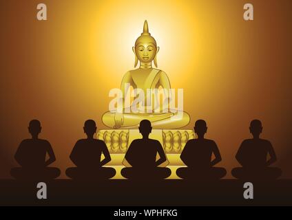 Mönch Meditation vor der Skulptur von Buddha Verstand zu schulen und zu leiden, in der Kirche der Tempel mit Glauben, Vector Illustration. Stock Vektor