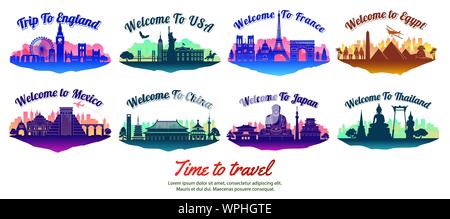 Bündel von berühmten Wahrzeichen der Welt mit Silhouette Style auf float Insel, Reise und Tourismus, Vektor, Abbildung Stock Vektor