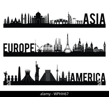Asien Europa und Amerika Kontinent Wahrzeichen silhouette Stil mit schwarzen und weißen Classic Farbe Design gehören nach Ländernamen, Vektor illustrati Stock Vektor