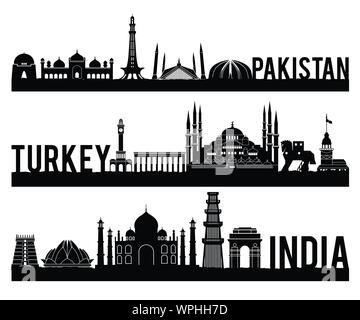 Pakistan Türkei Indien Wahrzeichen silhouette Stil mit schwarzen und weißen Classic Farbe Design gehören nach Ländernamen, Vector Illustration Stock Vektor