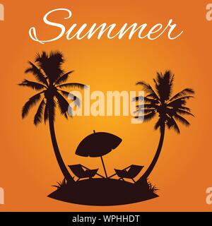 Twin Palm Tree stehen auf der Insel zwischen Dach und Bett im Sommer Thema von Silhouette Design, Vektor, Abbildung Stock Vektor