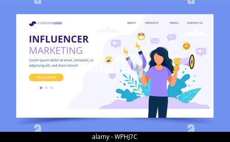 Influencer Marketing landing page mit Frau mit Megafon und Magneten in der sozialen Profil. Verschiedene social media Icons. Vektor Stock Vektor