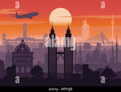 Malaysia Wahrzeichen silhouette Stil mit Zeile Design auf Sonnenuntergang, vintage Farbe, Vektor, Abbildung Stock Vektor