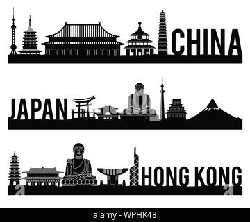 China Japan Hongkong Wahrzeichen silhouette Stil mit schwarzen und weißen Classic Farbe Design gehören nach Ländernamen, Vector Illustration Stock Vektor