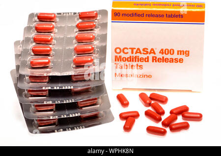 Octasa geänderten Release 400 mg Tabletten (Wirkstoff: mesalazin) Leichte bis mäßige Angriffe der Colitis ulcerosa Stockfoto