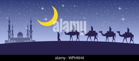 Caravan muslimischen Kamelritt von Dubai bei Nacht voller Sterne und Mond Moschee, die Tradition der Arabischen, silhouette Design, Vektor, Abbildung Stock Vektor
