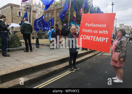 Westminster London, UK. 9. September 2019. Pro Brexit Demonstranten mit Zeichen außerhalb des Parlaments als Premierminister Boris Johnson macht ein weiterer Versuch zu zwingen, eine allgemeine Wahl vor dem 31. Oktober als Kein Deal Brexit Rechnung erhält die königliche Zustimmung Credit: Amer ghazzal/Alamy leben Nachrichten Stockfoto