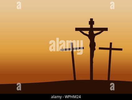 Kreuzigung auf Golgatha Sonnenuntergang, wichtig im Christentum Geschichte geschehen, Vektor, Abbildung Stock Vektor