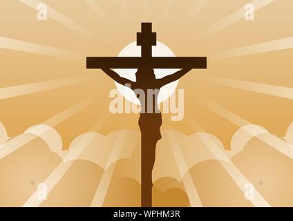 Christliche Kreuz mit Jesus Christus mit Licht und Rückwärts "Cloud" beginnen, der Hoffnung, des Glaubens und der Glaube, Vektor, Abbildung Stock Vektor