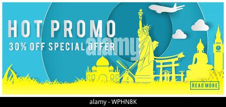 Reisen Promo Banner mit speziellen Preis Text und weltberühmter Wahrzeichen in Papier Kunst Design, Vektor, Abbildung Stock Vektor