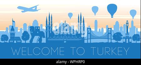 Türkei berühmte Sehenswürdigkeit Sonnenuntergang silhouette Design, Vektor, Abbildung Stock Vektor
